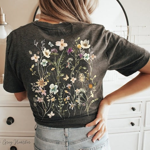 T-Shirt mit gepressten Blumen auf der Rückseite, Geschenk für Gartenliebhaber