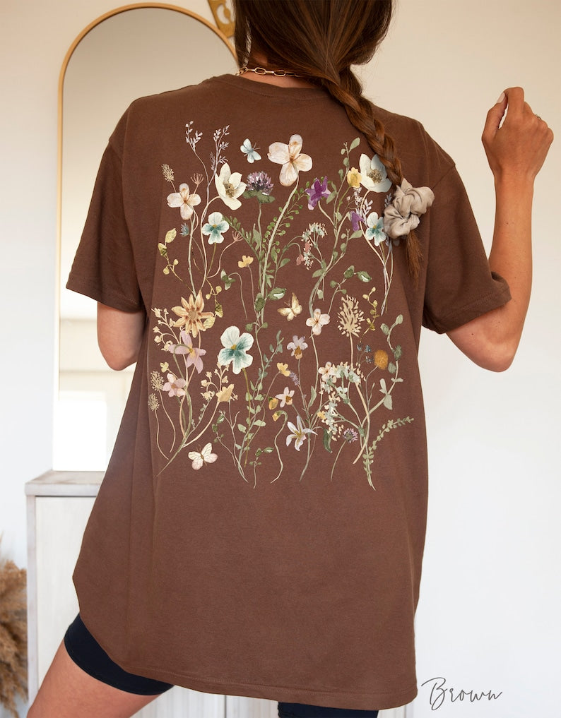 T-Shirt mit gepressten Blumen auf der Rückseite, Geschenk für Gartenliebhaber