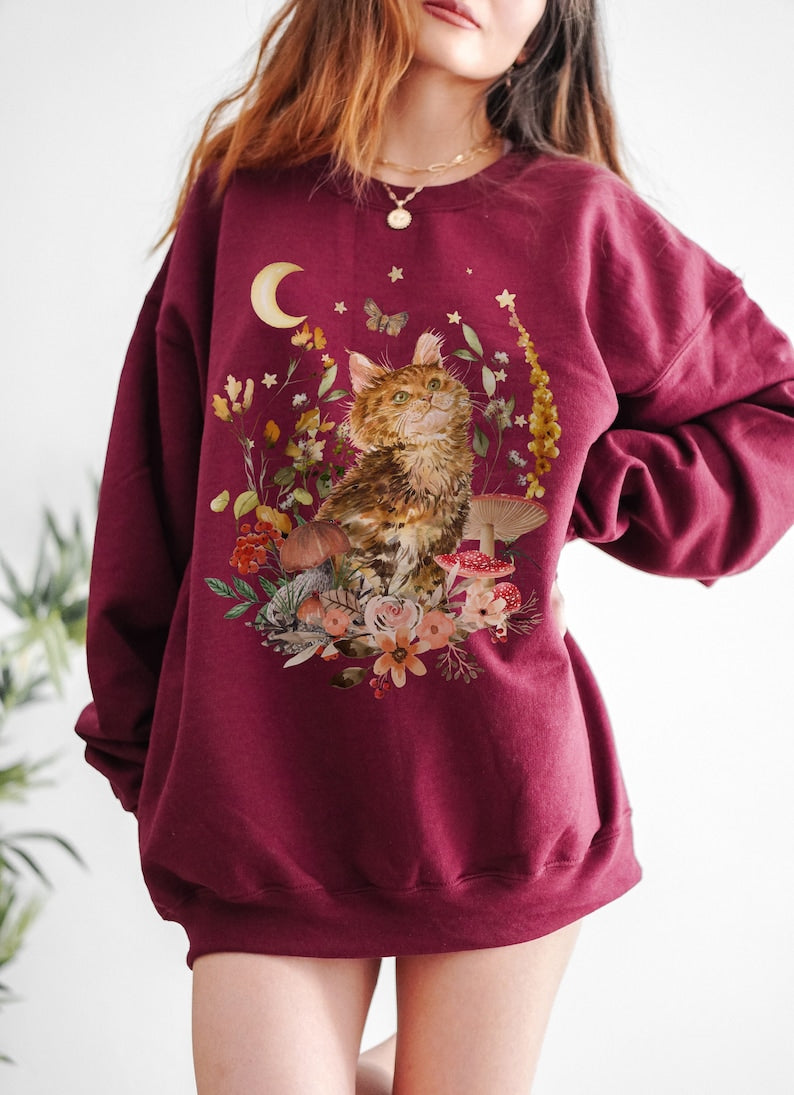 Vintage Cat Floral Aesthetic Crewneck Sweatshirt