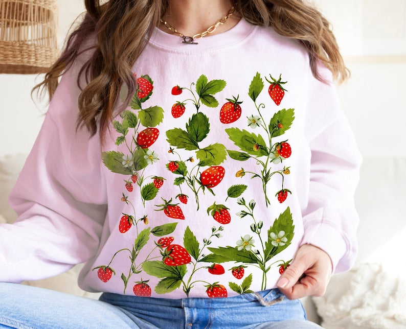 Vintage Strawberry Sweatshirt Botanical Forest Sweater