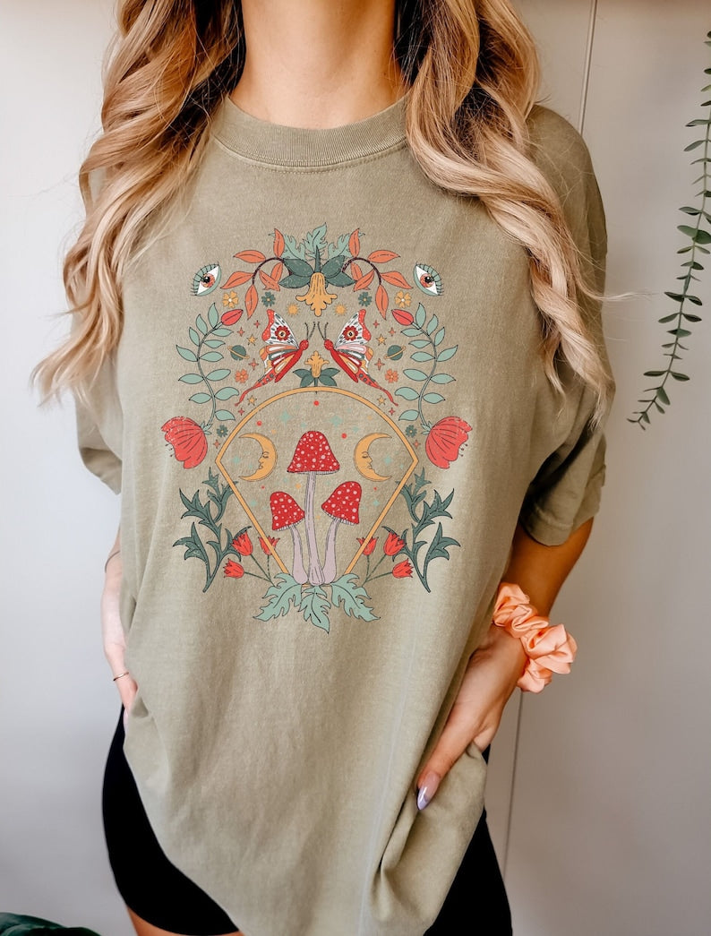 Celestial Shirt Moon Moth Mushrooms T-Shirt