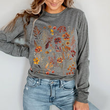Boho Vintage Floral Sweater Cottagecore Pressed Flowers Long Sleeved T-shirt