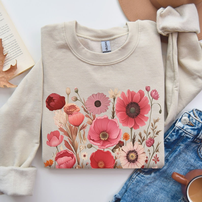 Vintage Wildblumen Pullover Blumen Sweatshirt