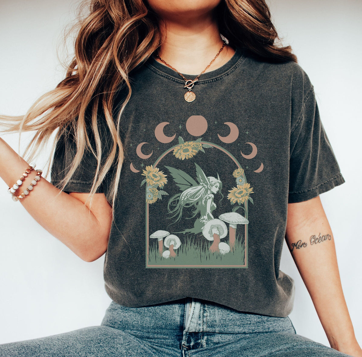 Mystical Moon Green Witch Boho T-Shirt