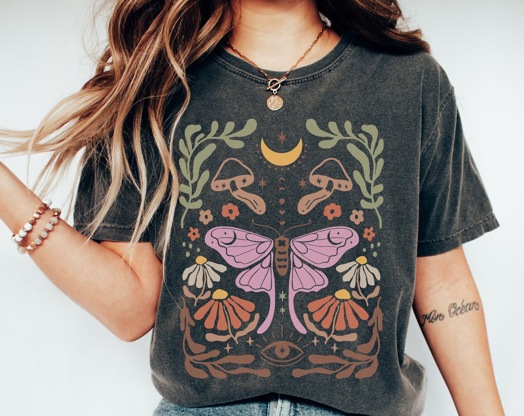 Mystical Moon Green Witch Boho T-Shirt