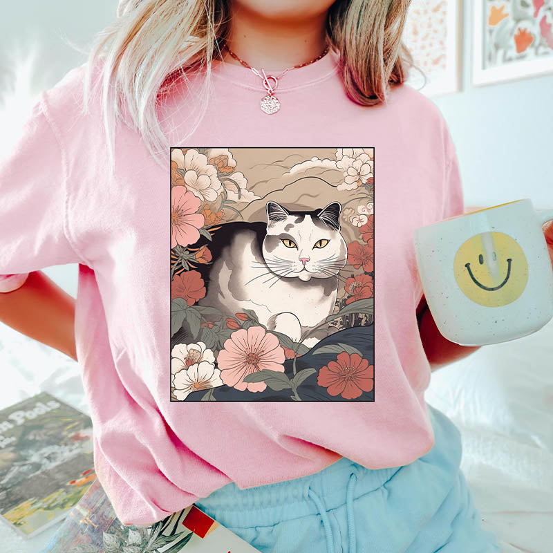 Cat Japanese Flora Asian Art T-Shirt