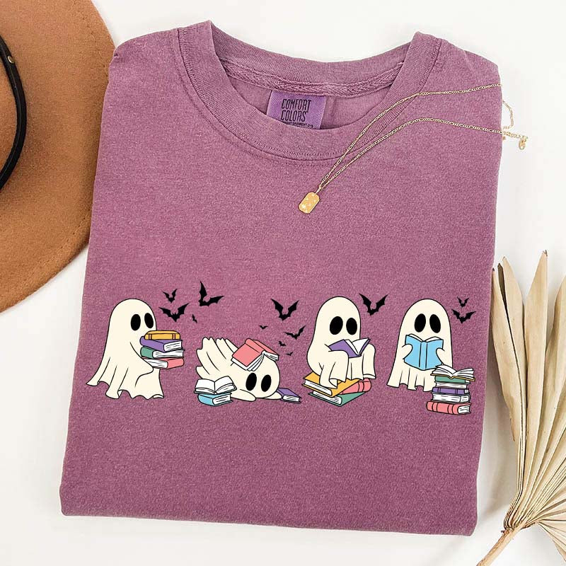 Cute Ghost Reading Book Halloween T-Shirt