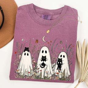 Vintage Whimsical Ghost Black Cat T-Shirt