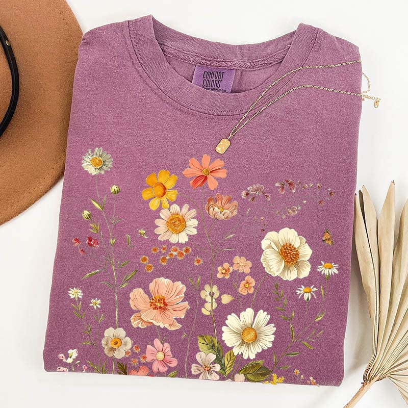 Vintage Delicate Printed Wild Flowers Boho T-Shirt