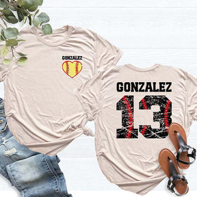 Custom Team Number And Name Softball Heart T-Shirt