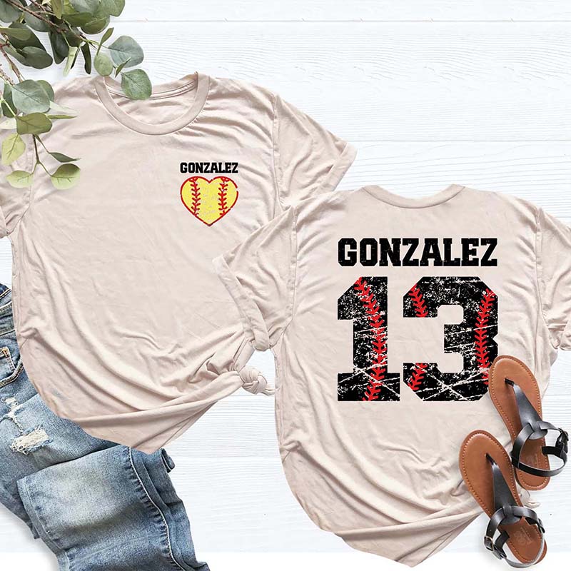 Custom Team Number And Name Softball Heart T-Shirt