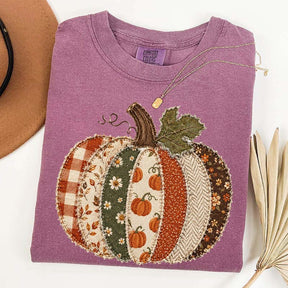 Faux Patchwork Fall Pumpkin Printed T-Shirt