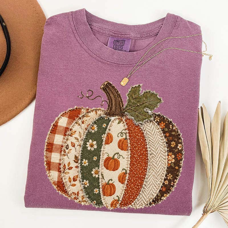 Faux Patchwork Fall Pumpkin Printed T-Shirt