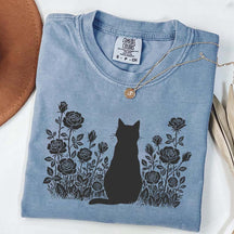 Cottagecore Cat Owner Rose Black T-Shirt