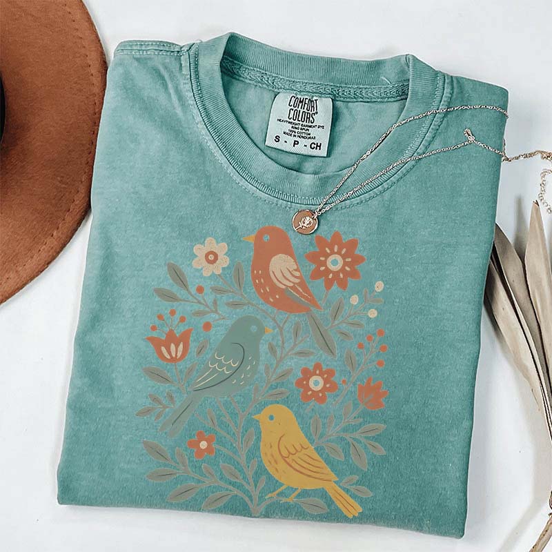 Boho Cottagecore Birds and Flowers T-Shirt