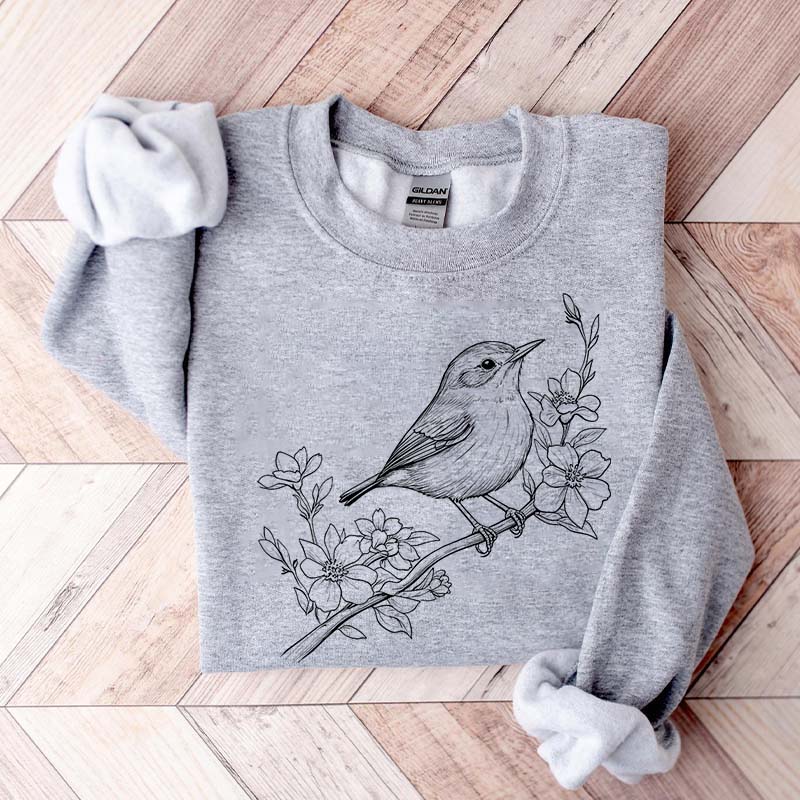 Cute Botanical Bird Graphic Sweatshirt