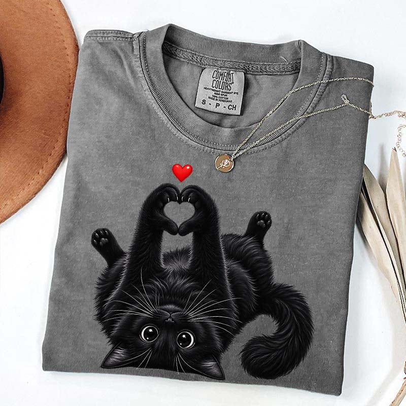 Cute Black Cat Heart Paws T-Shirt