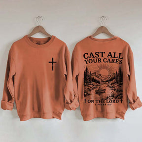 Cast All Your Cares Lord 1 Peter 5:7 Nature River Fishing Boat Sweatshirt