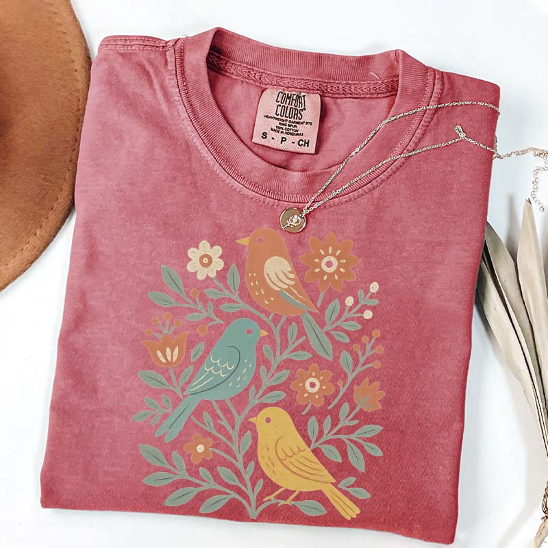 Boho Cottagecore Birds and Flowers T-Shirt