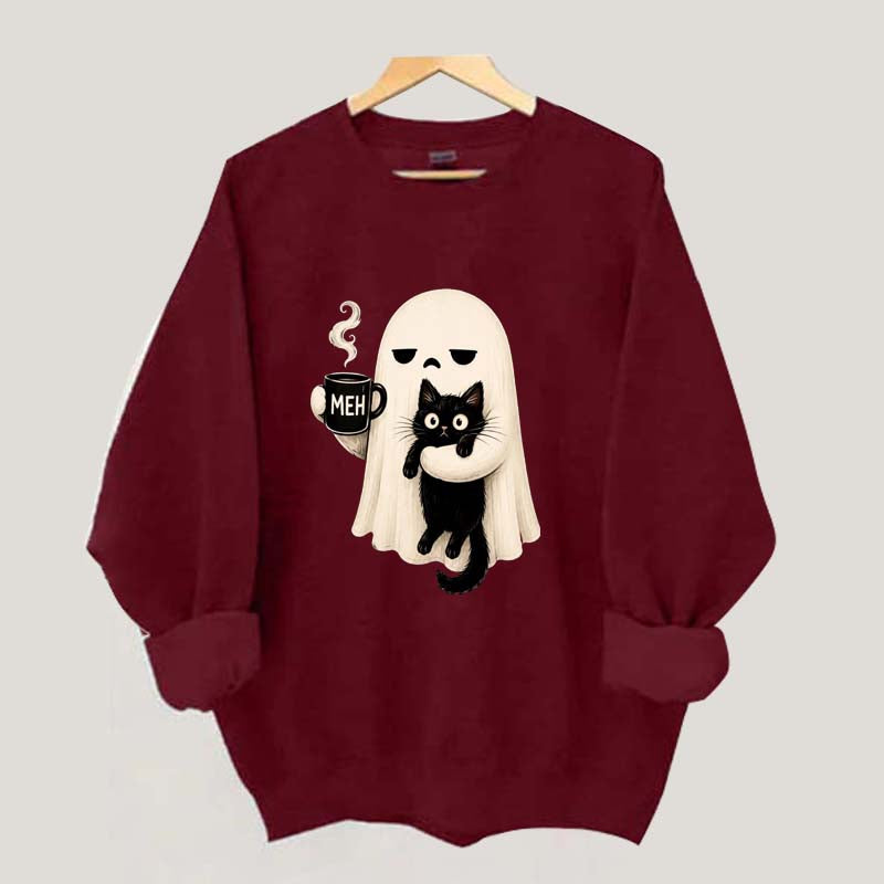 Ghost Holding Black Cat Meh Coffee Sweatshirt