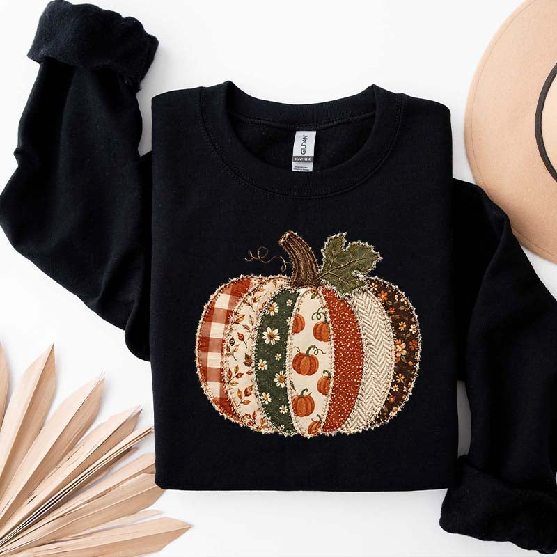 Faux Patchwork Fall Pumpkin Printed Sweatshirt