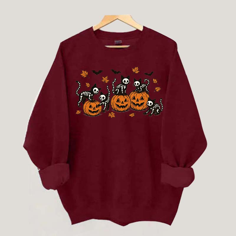 Retro Skeleton Fall Black Cat Pumpkin Sweatshirt