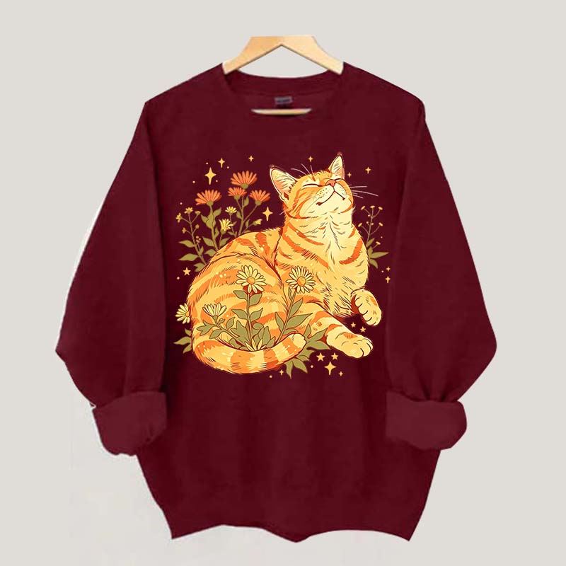 Retro Wildflowers Orange Cat Sweatshirt