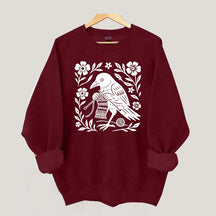 Crow Knitting Linocut Style Bird Sweatshirt
