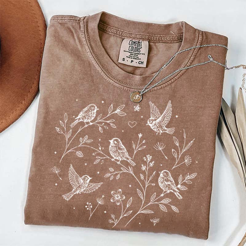 Boho Botanical Birds Sparrow T-Shirt