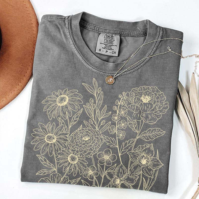 Vintage Pressed Flowers Minimalist Line T-Shirt
