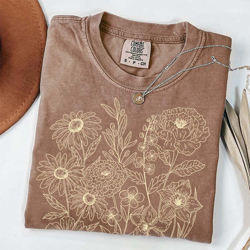 Vintage Pressed Flowers Minimalist Line T-Shirt