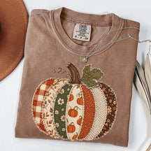 Faux Patchwork Fall Pumpkin Printed T-Shirt