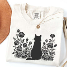Cottagecore Cat Owner Rose Black T-Shirt