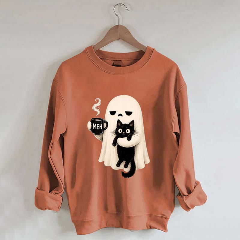 Ghost Holding Black Cat Meh Coffee Sweatshirt