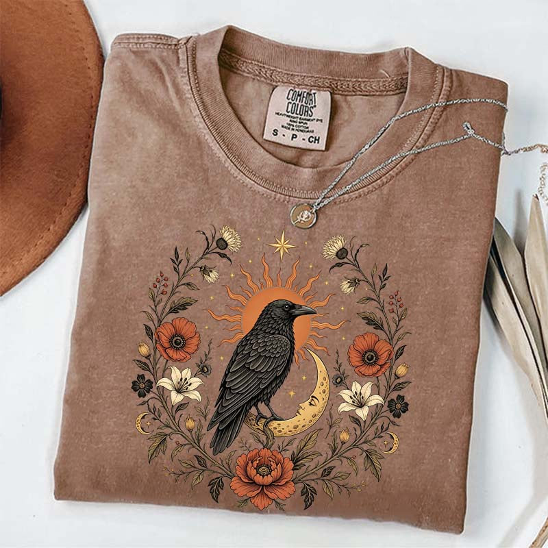 Retro Sun Crow Gothic Raven Celestial Moon Floral T-Shirt