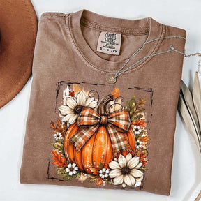 Pumpkin Bow Fall Graphic Floral T-Shirt