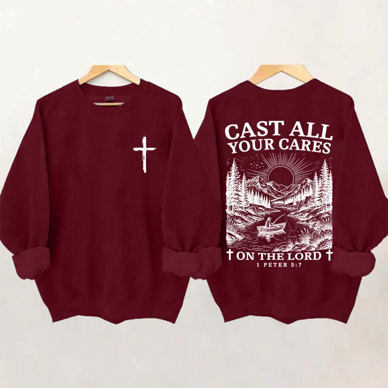 Cast All Your Cares Lord 1 Peter 5:7 Nature River Fishing Boat Sweatshirt