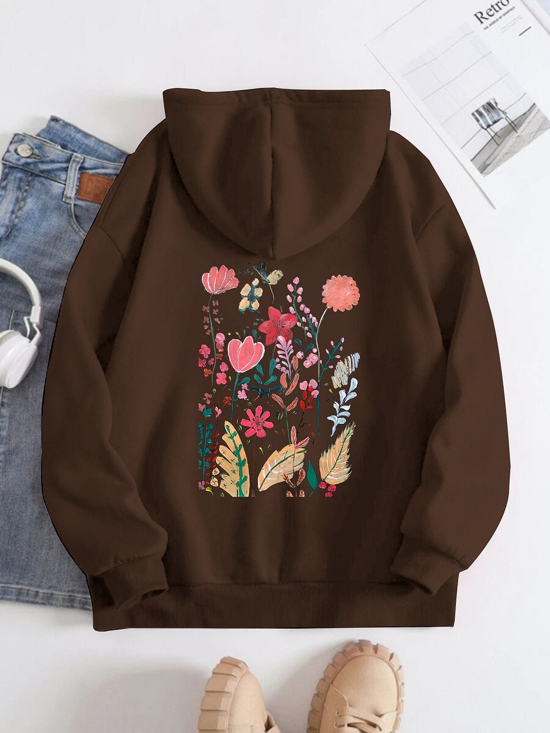 Peinture acrylique de modèle de fleurs Imprimé sur le sweat à capuche arrière pour les femmes