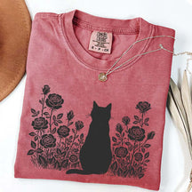 Cottagecore Cat Owner Rose Black T-Shirt