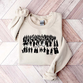 Woman Touches Religous Sweatshirt