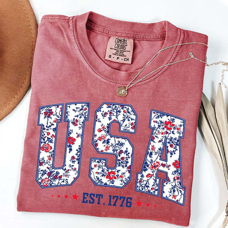 Flower USA Floral Patriotic T-Shirt