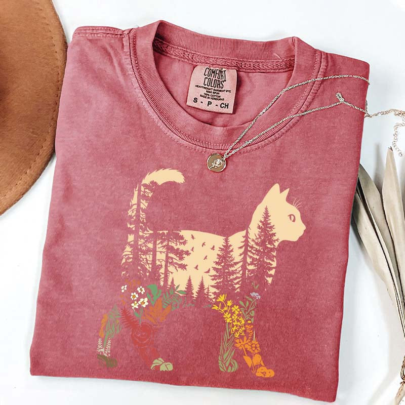 Boho Cat Plants Nature Trees Wild Flowers T-Shirt