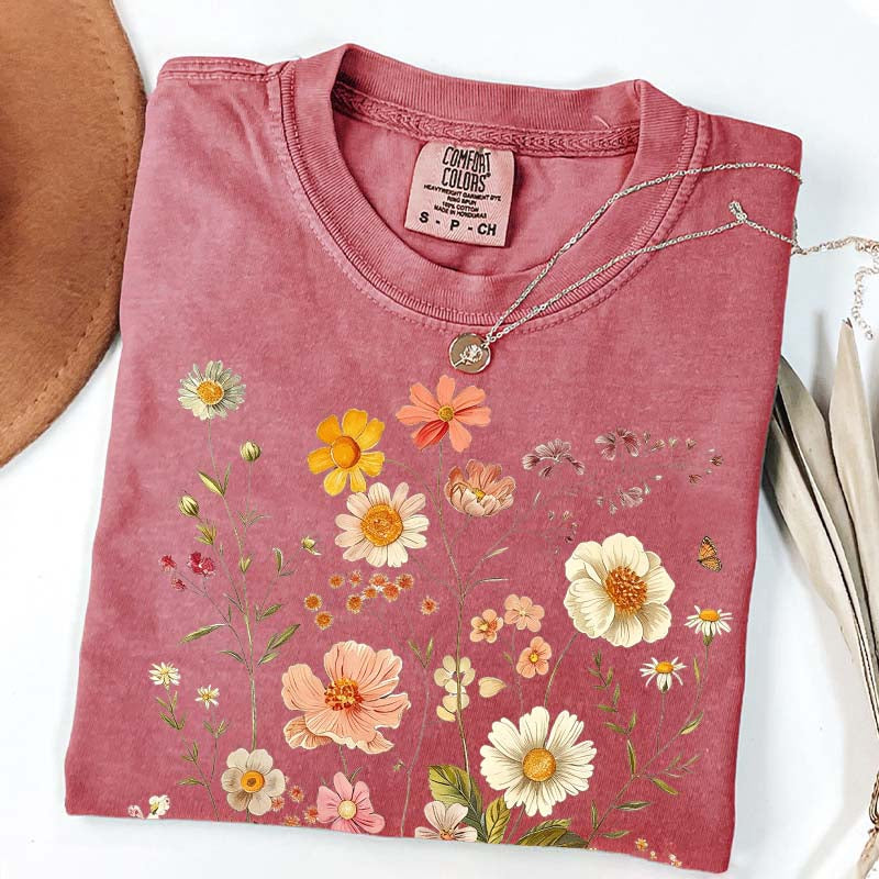 Vintage Delicate Printed Wild Flowers Boho T-Shirt