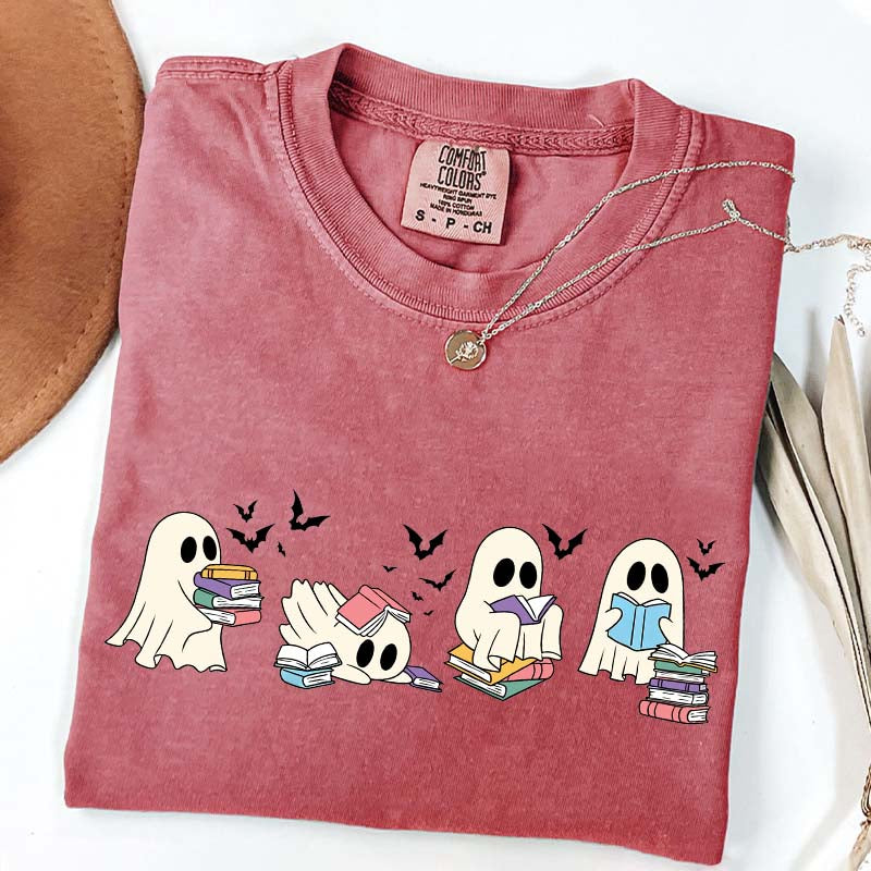 Cute Ghost Reading Book Halloween T-Shirt