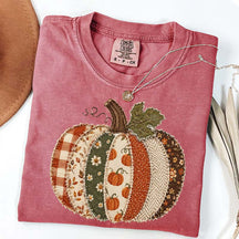 Faux Patchwork Fall Pumpkin Printed T-Shirt