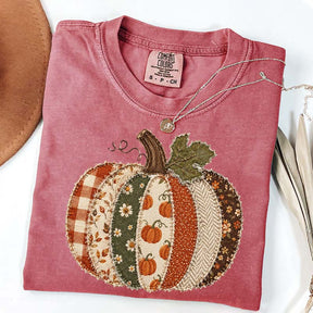 Faux Patchwork Fall Pumpkin Printed T-Shirt