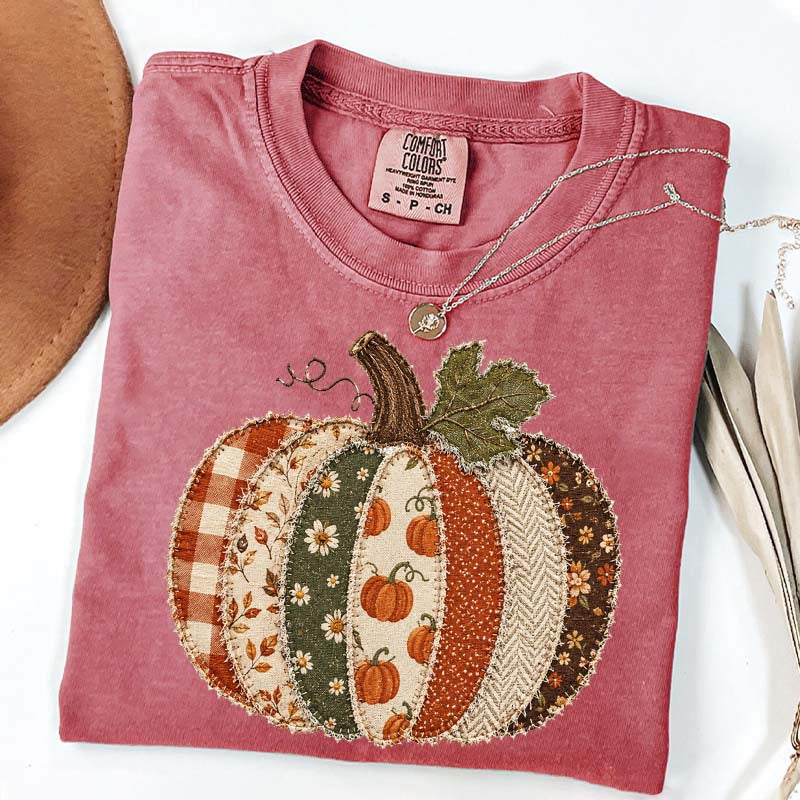 Faux Patchwork Fall Pumpkin Printed T-Shirt