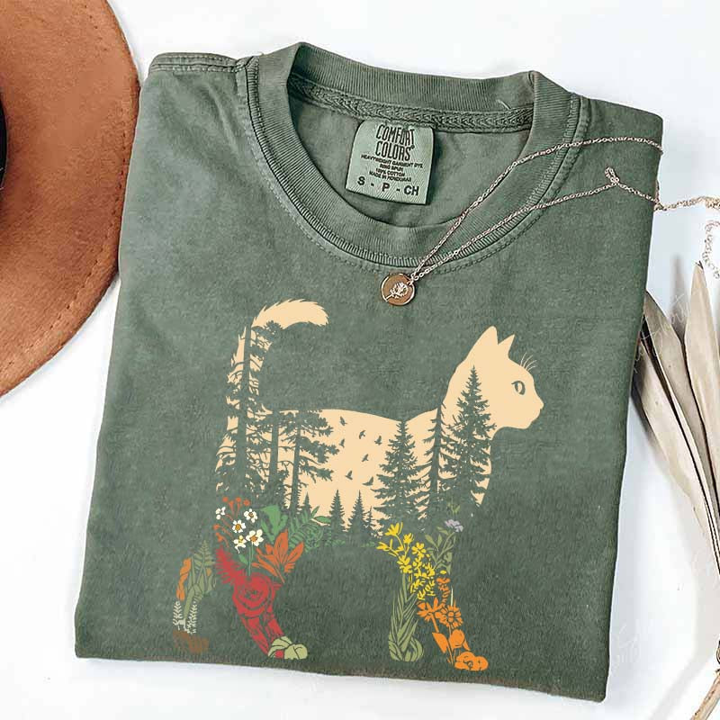 Boho Cat Plants Nature Trees Wild Flowers T-Shirt