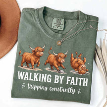 Highland Cow Walking By Faith Tripping Constantly T-Shirt