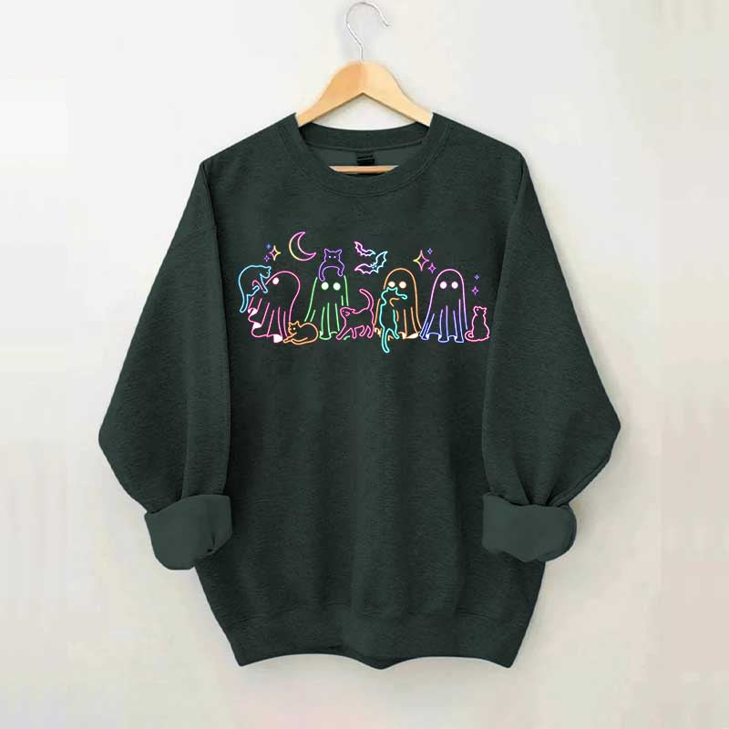 Cute Neon Halloween Ghost Cats Sweatshirt